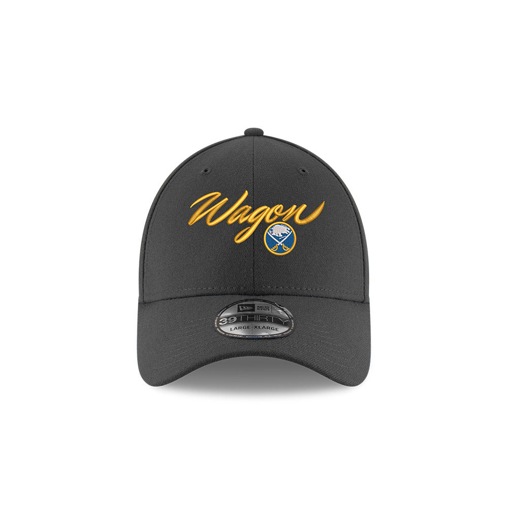 Charcoal cap with Wagon yellow text in script with Buffalo Sabres and logo 