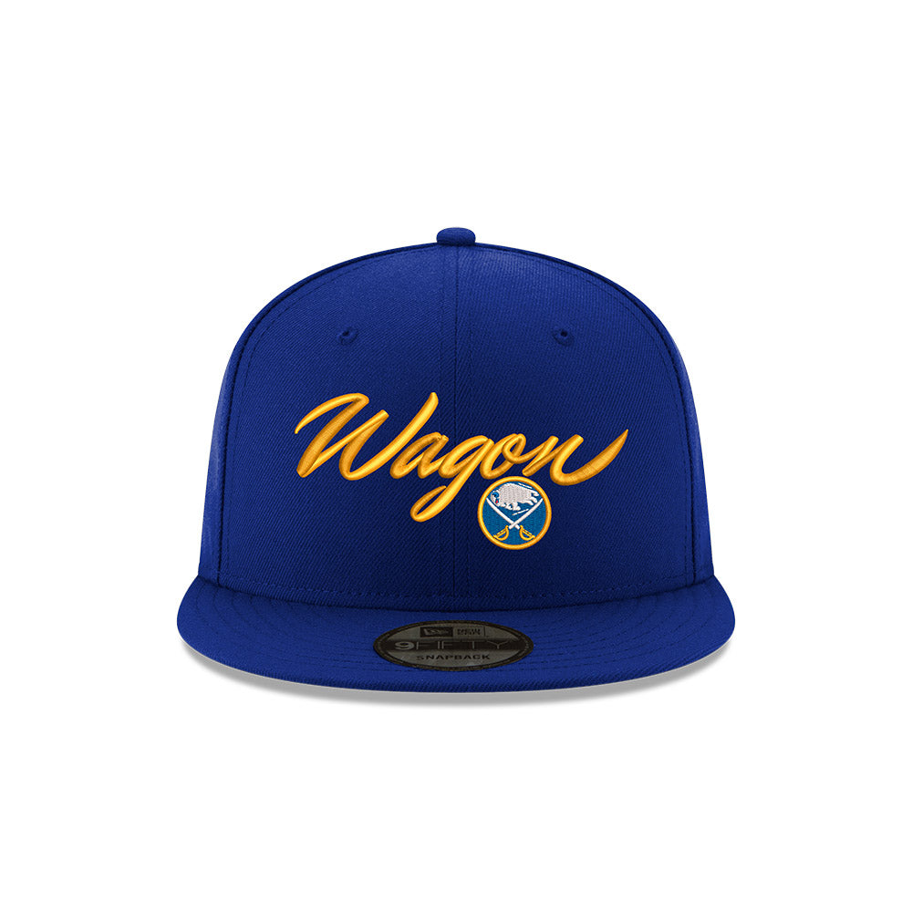 Blue cap with Wagon in yellow script text and Buffalo Sabres logo