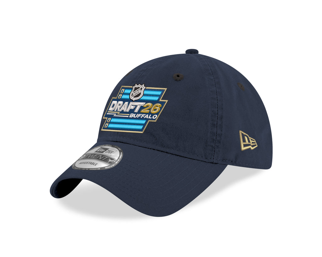 Navy blue baseball cap with a logo on the front, displayed on a white background