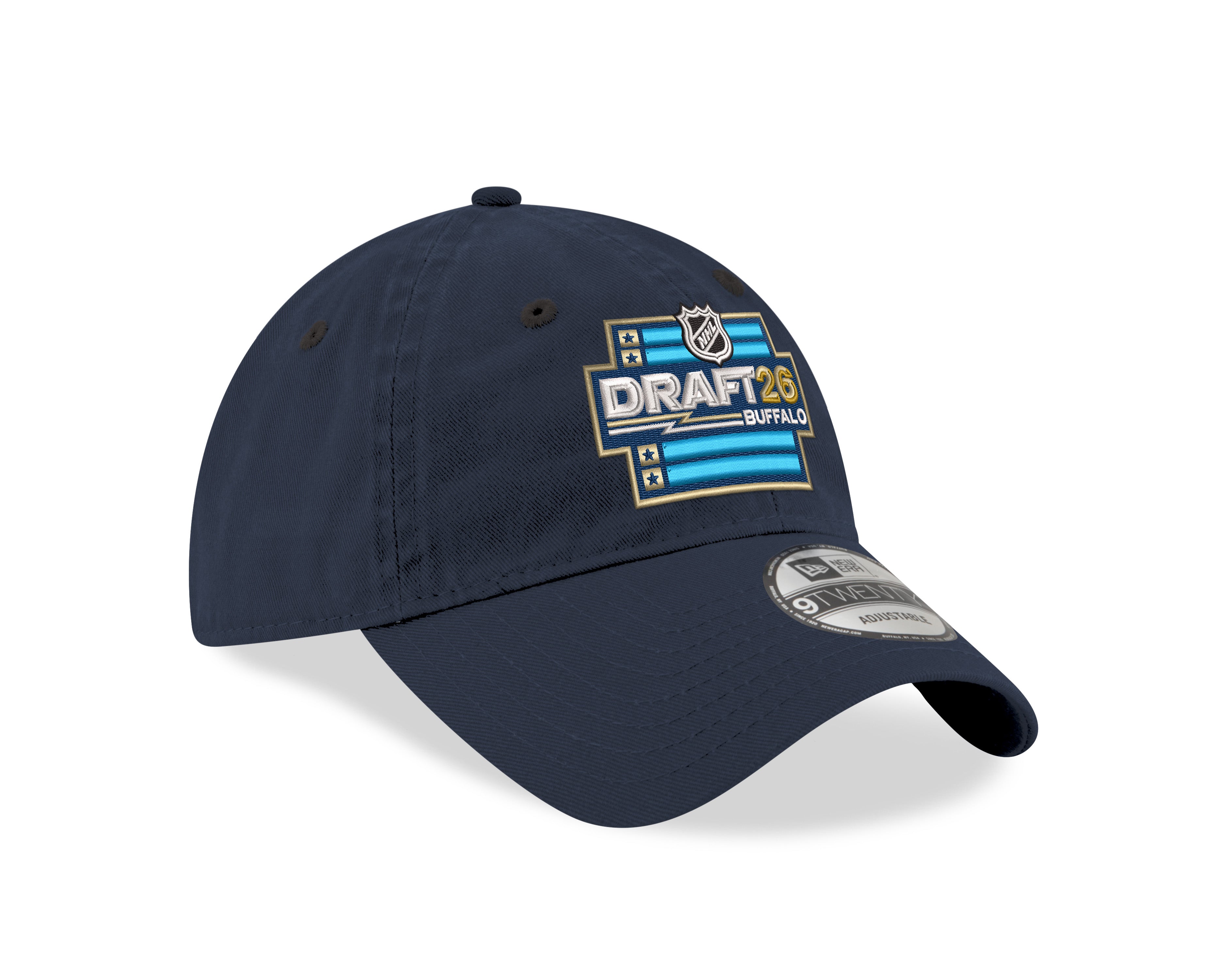 Navy blue cap with 'Draft 2023 Buffalo' text and logo on a white background