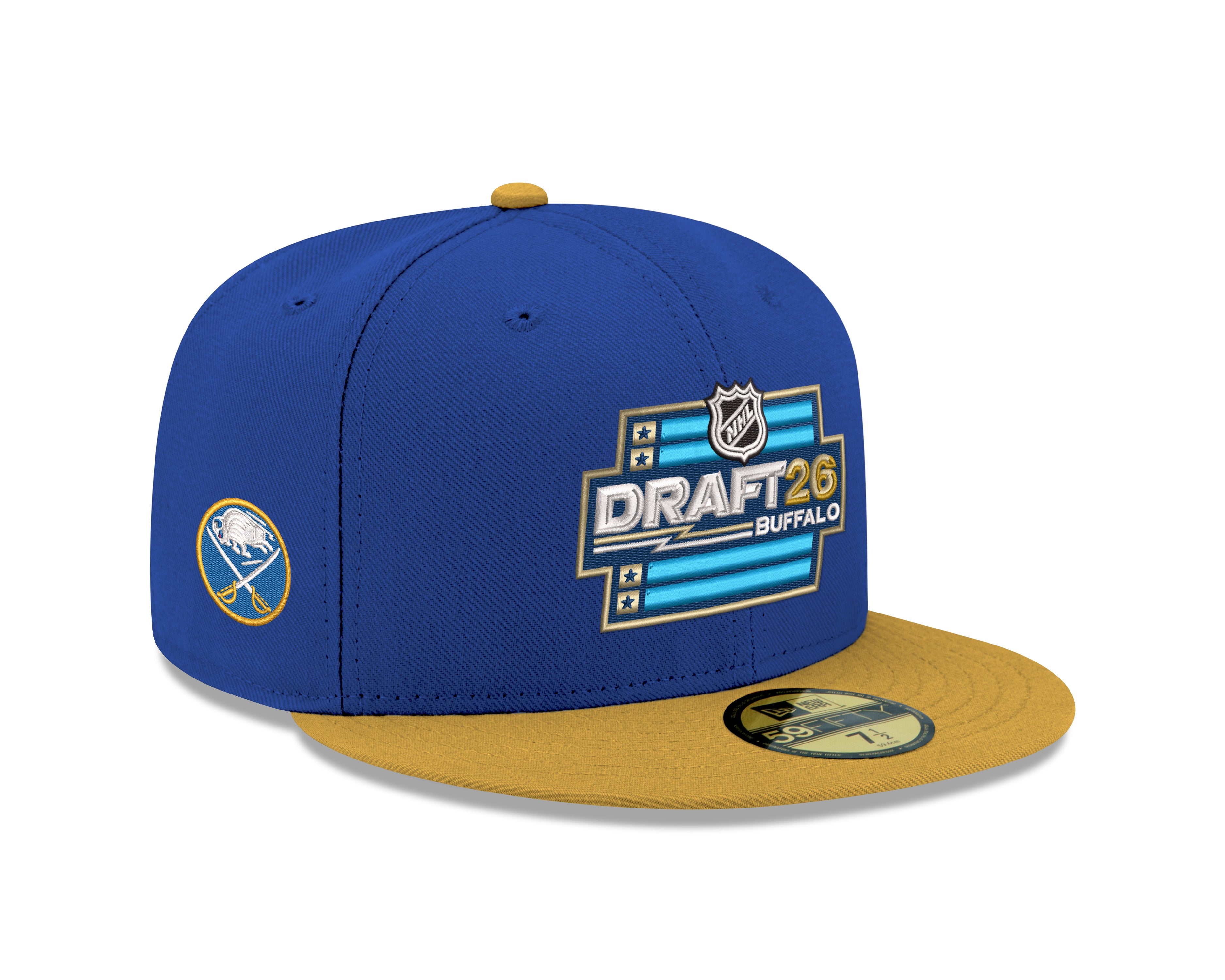Blue and yellow cap with NHL Draft 2026 Buffalo logo on a white background