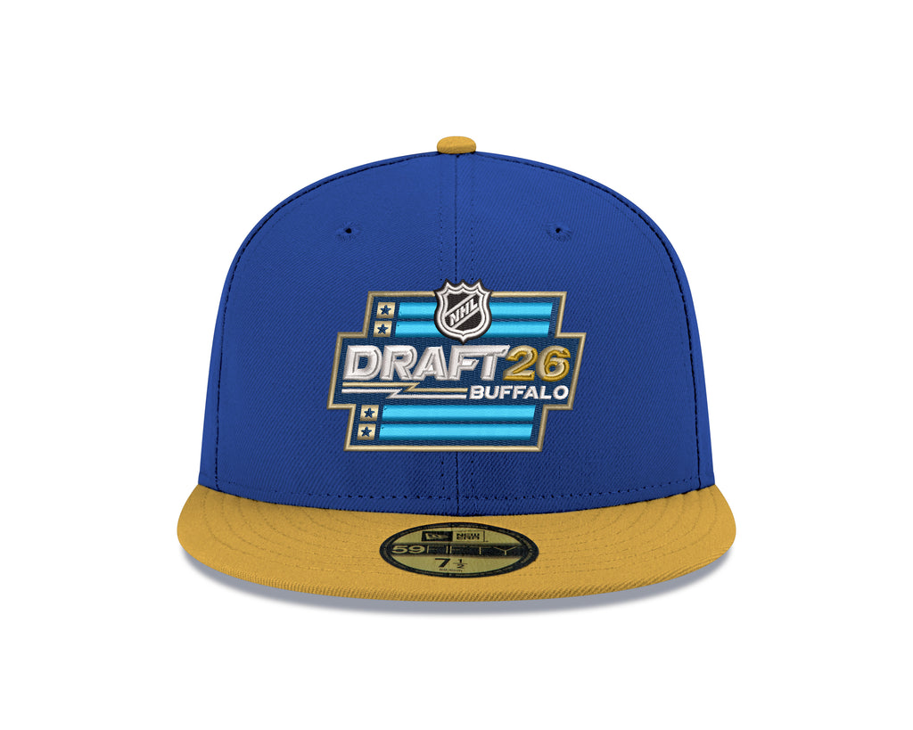 Blue and yellow cap with NHL Draft 26 logo on a white background