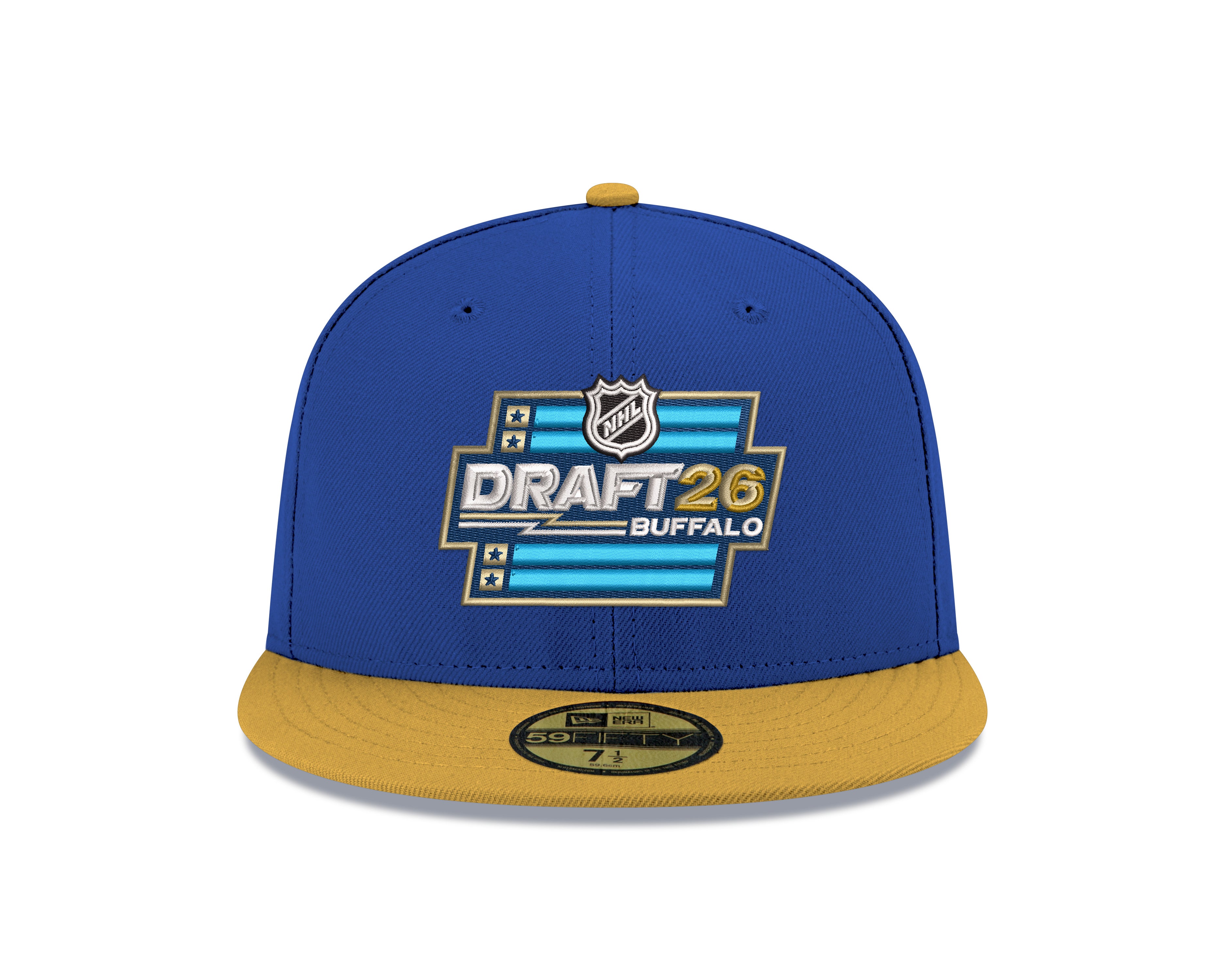 Blue and yellow cap with NHL Draft 26 logo on a white background