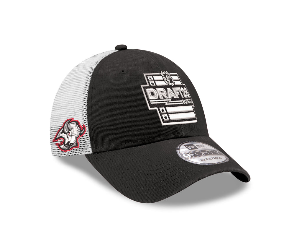Black and white cap with NHL Draft logo on a white background