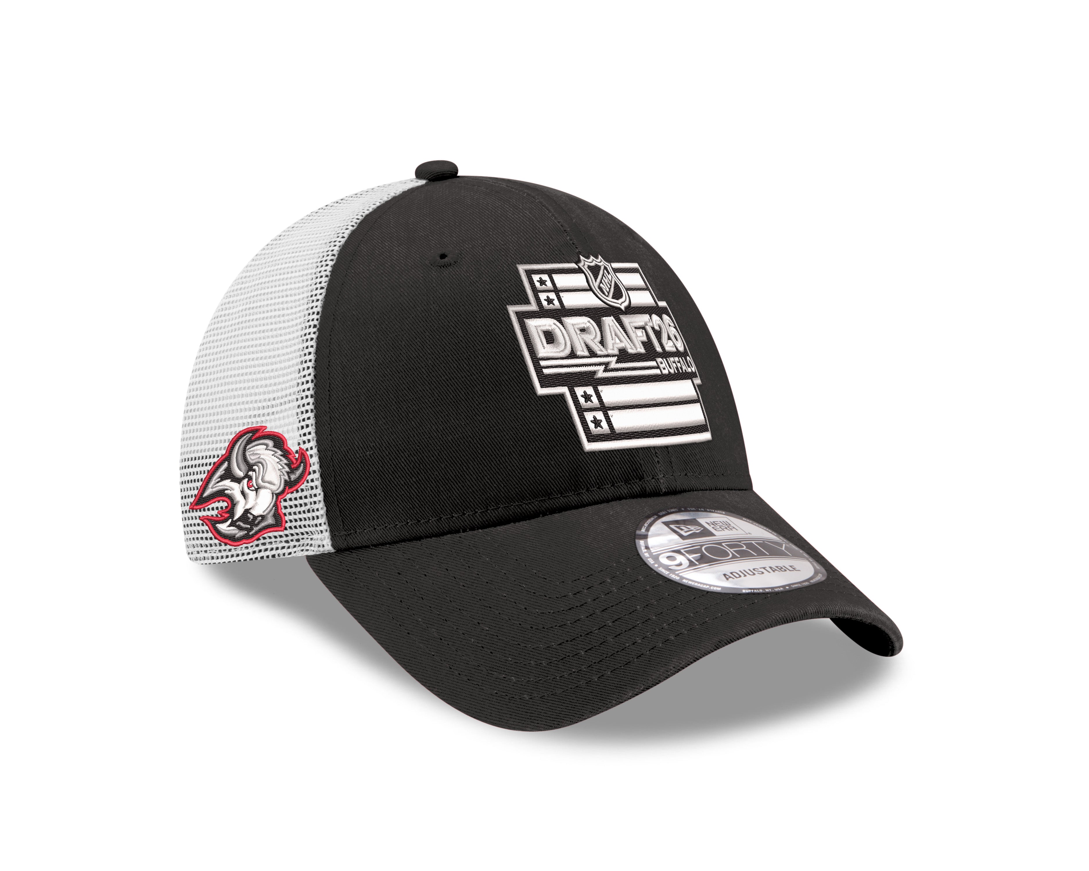 Black and white cap with NHL Draft logo on a white background