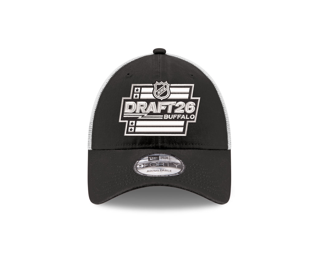 Black cap with white text and logo on a white background