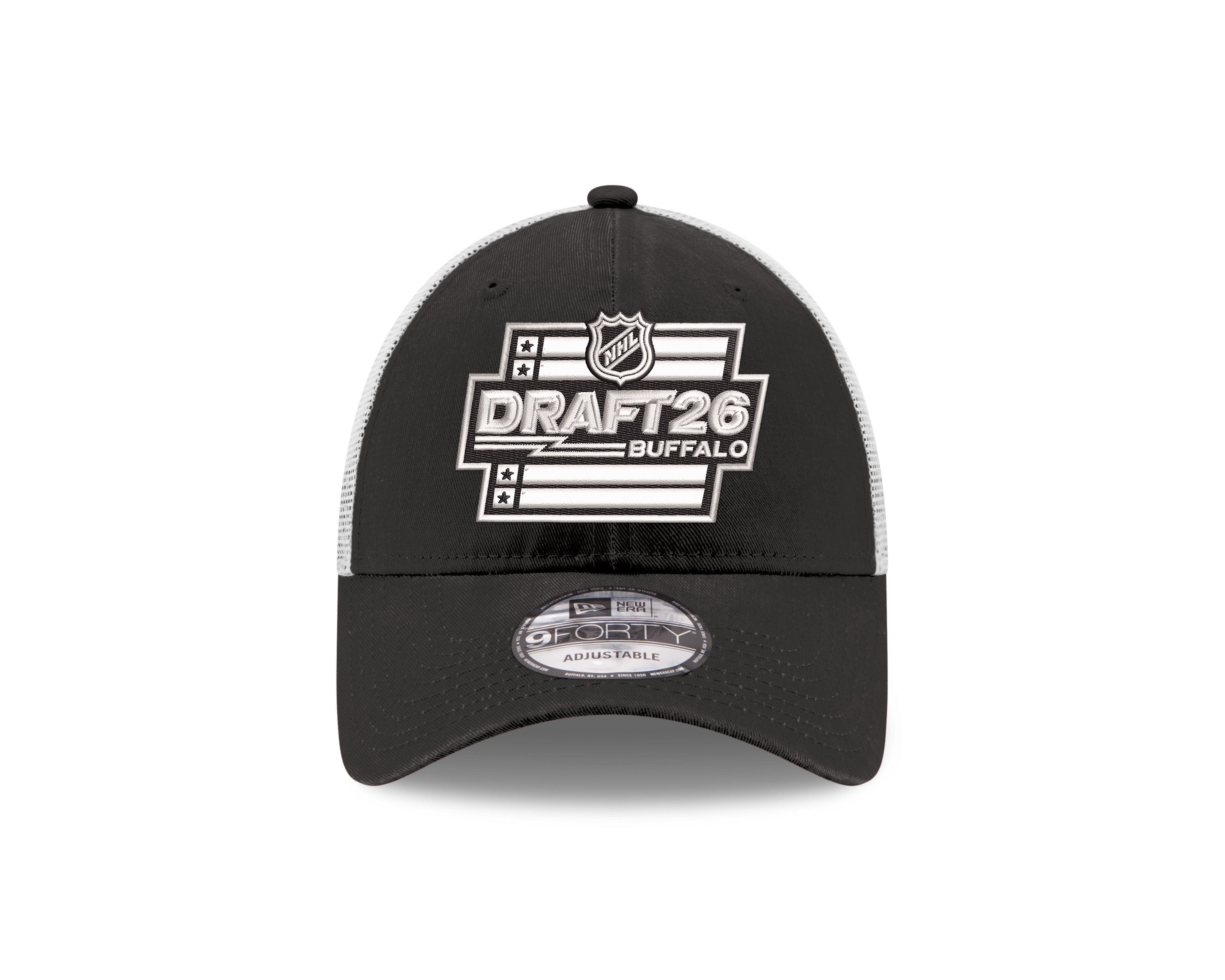 Black cap with white text and logo on a white background
