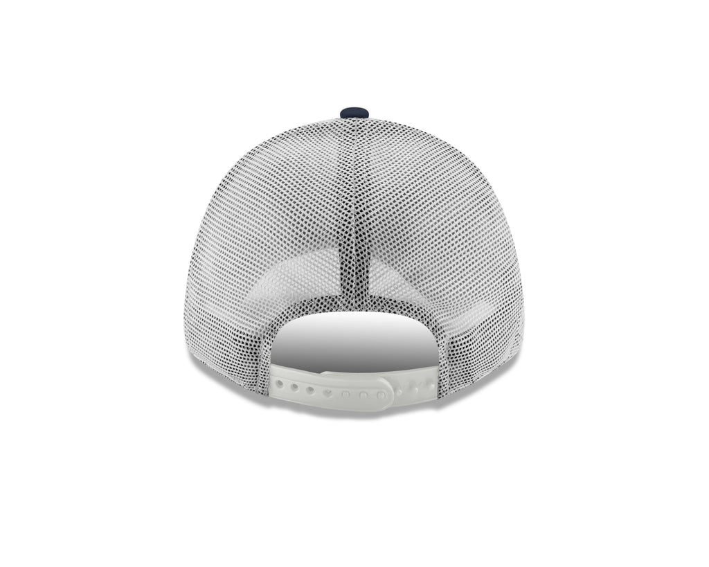 Back view of a cap with mesh design on a white background