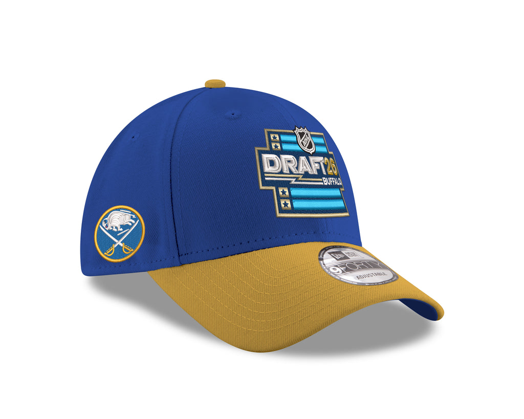 Blue and yellow cap with 'Draft 2024' and 'Buffalo' branding on a white background