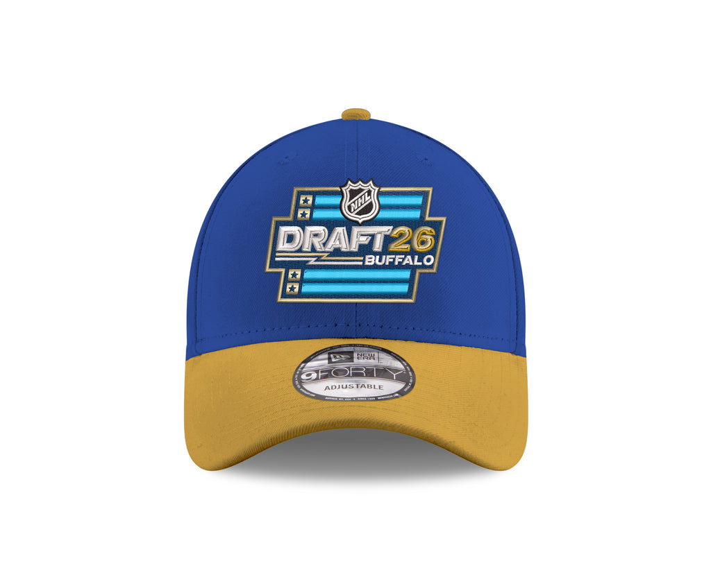 Blue and yellow cap with 'Draft 26' and 'Buffalo' text on a white background