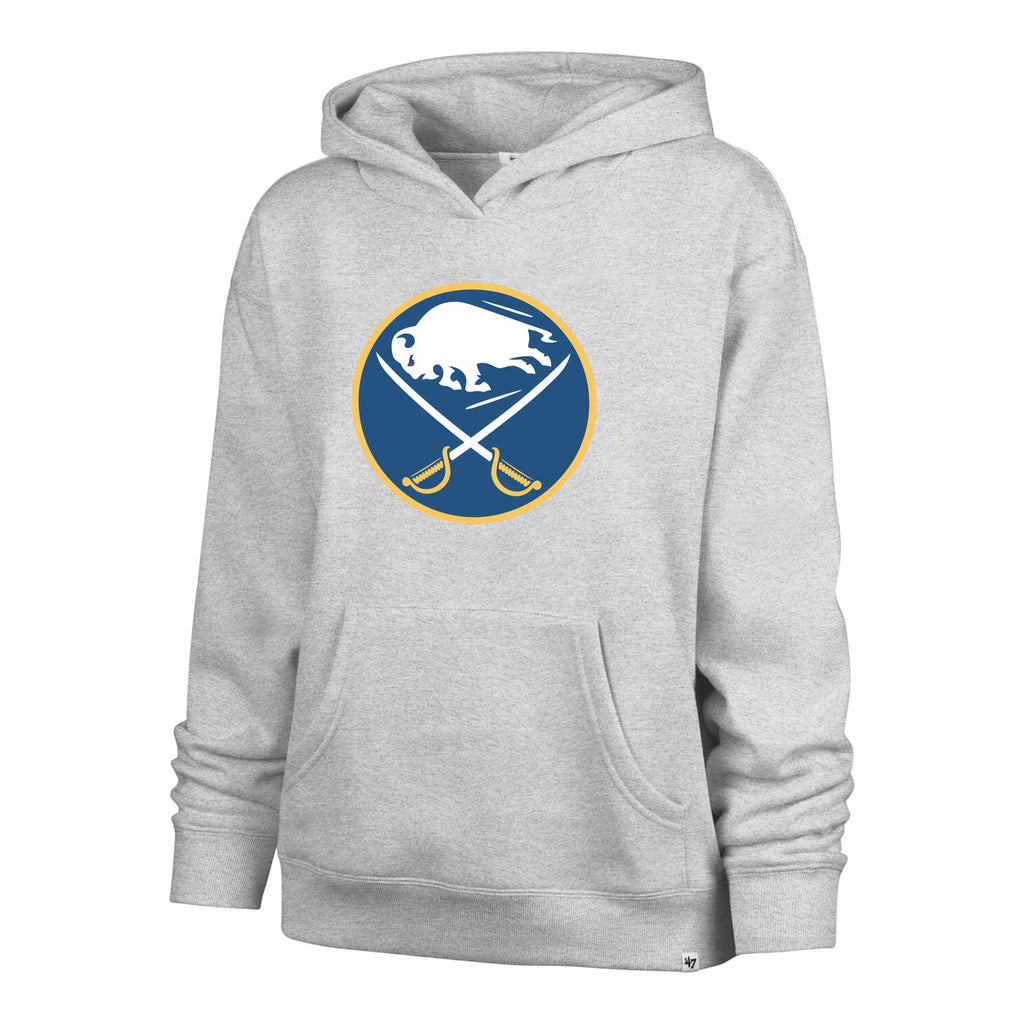 Gray hoodie with a sports team logo on a white background