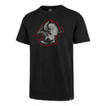 Black t-shirt with a red and gray logo on a white background