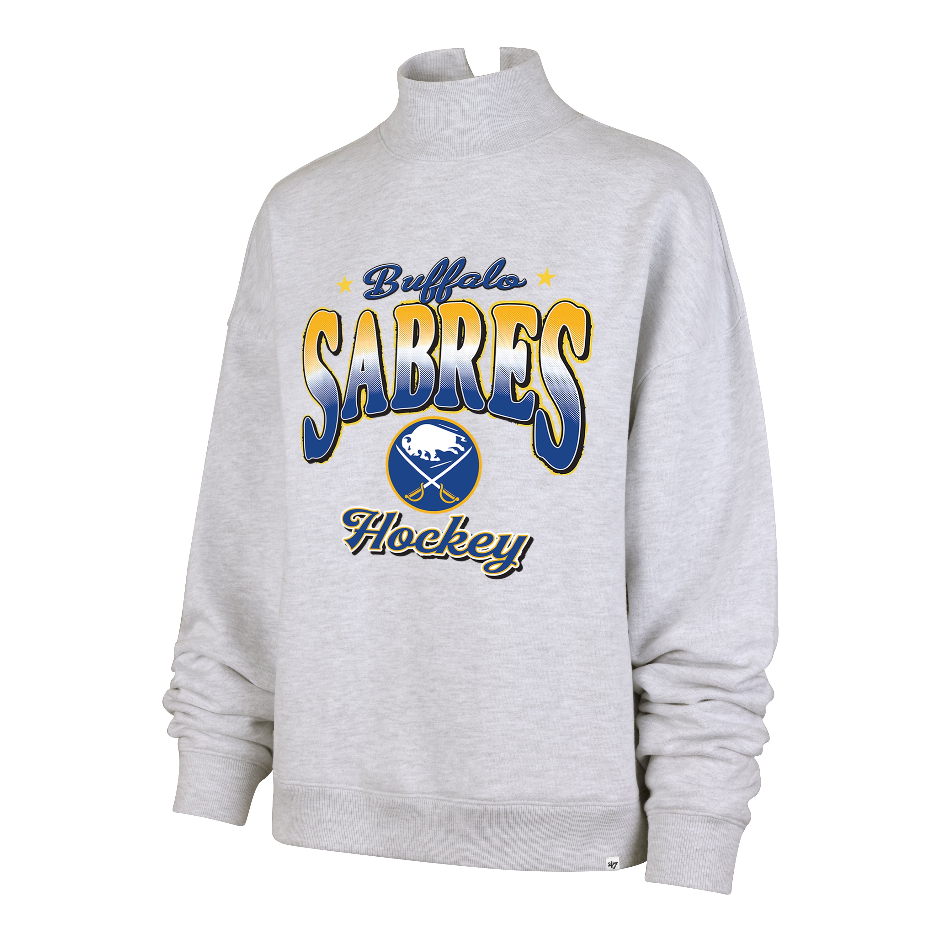 Gray sweatshirt with 'Buffalo Sabres Hockey' text and logo on a white background