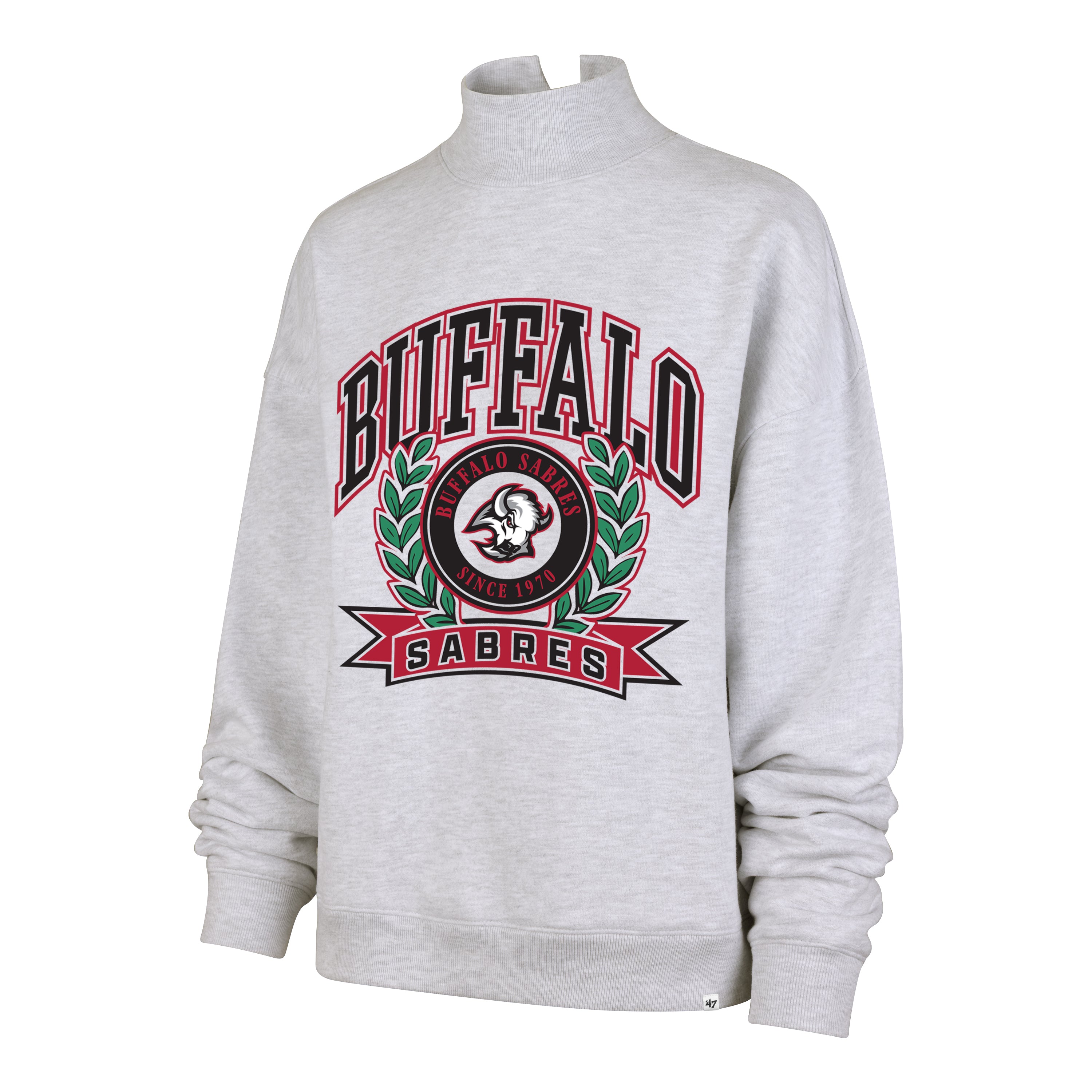 Gray sweatshirt with 'Buffalo Sabres' logo on a white background