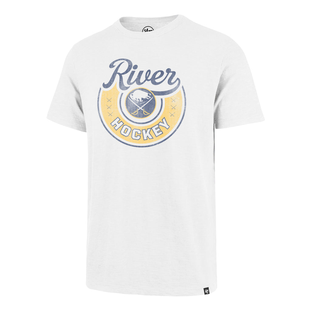 White t-shirt with 'River Hockey' logo on a white background