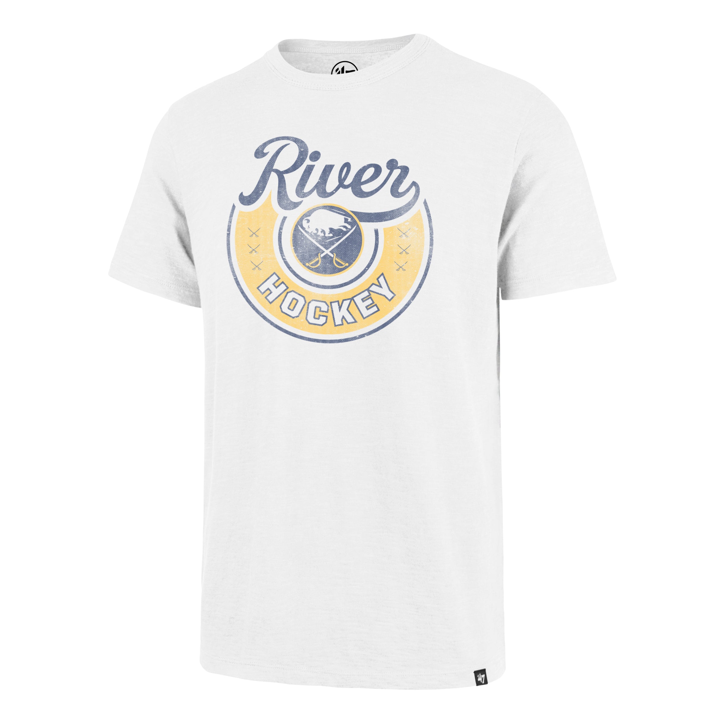 White t-shirt with 'River Hockey' logo on a white background