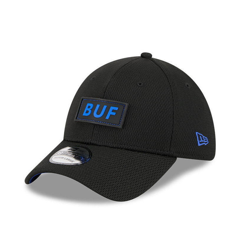 Two-tone cap with a logo on a white background and light blue BUF logo