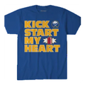 Blue t-shirt with 'Kick Start My Heart' text and logo on a white background