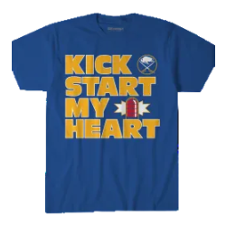 Blue t-shirt with 'Kick Start My Heart' text and logo on a white background