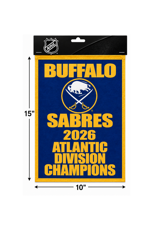 Buffalo Sabres 2026 Atlantic Division Champions patch with a black header card featuring the NHL logo, shown with dimension markings of 15 inches by 10 inches.