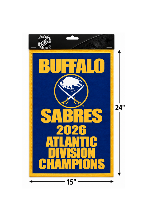 Buffalo Sabres 2026 Atlantic Division Champions patch in its retail packaging, featuring a royal blue background with yellow text and logo, shown with dimension markings of 15 inches by 24 inches.