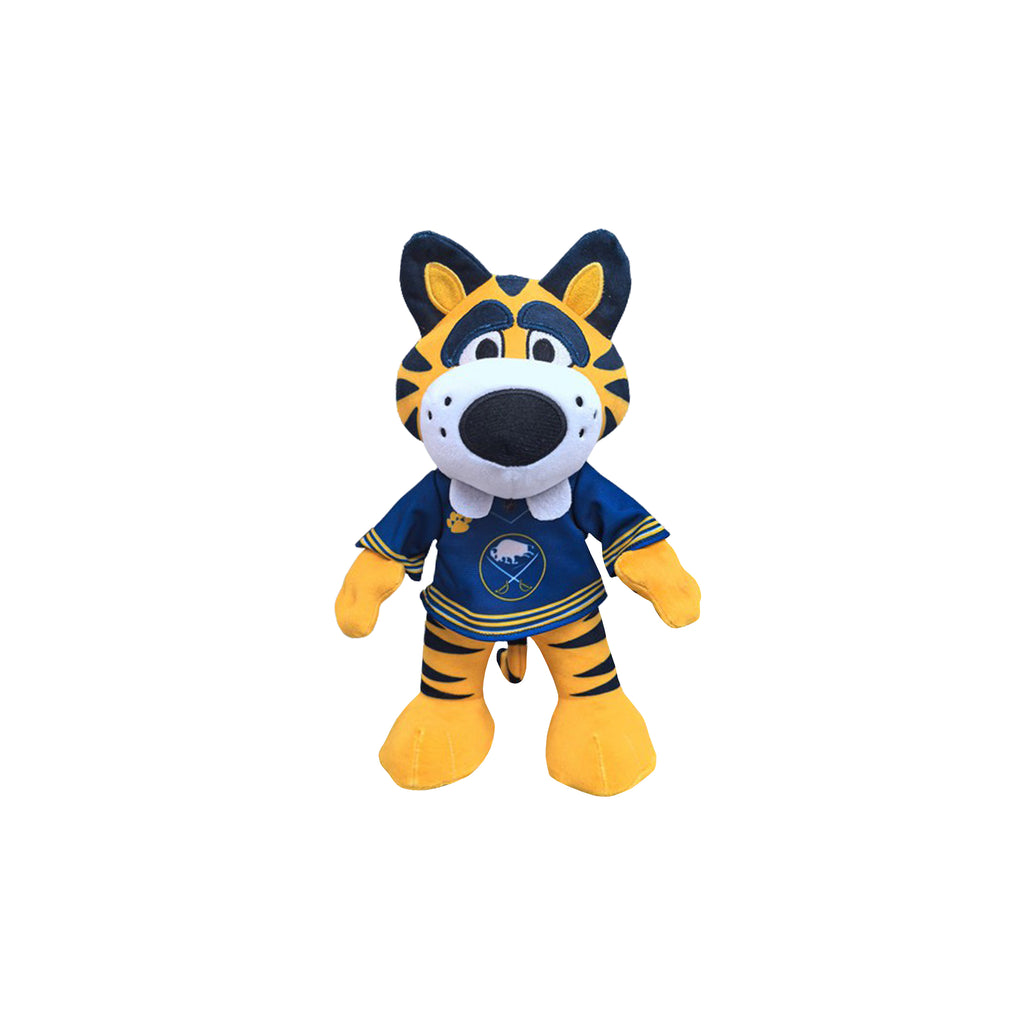 A plush tiger mascot doll wearing a blue and yellow sports jersey, centered on a plain white background.