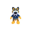 A plush tiger mascot doll wearing a blue and yellow sports jersey, centered on a plain white background.