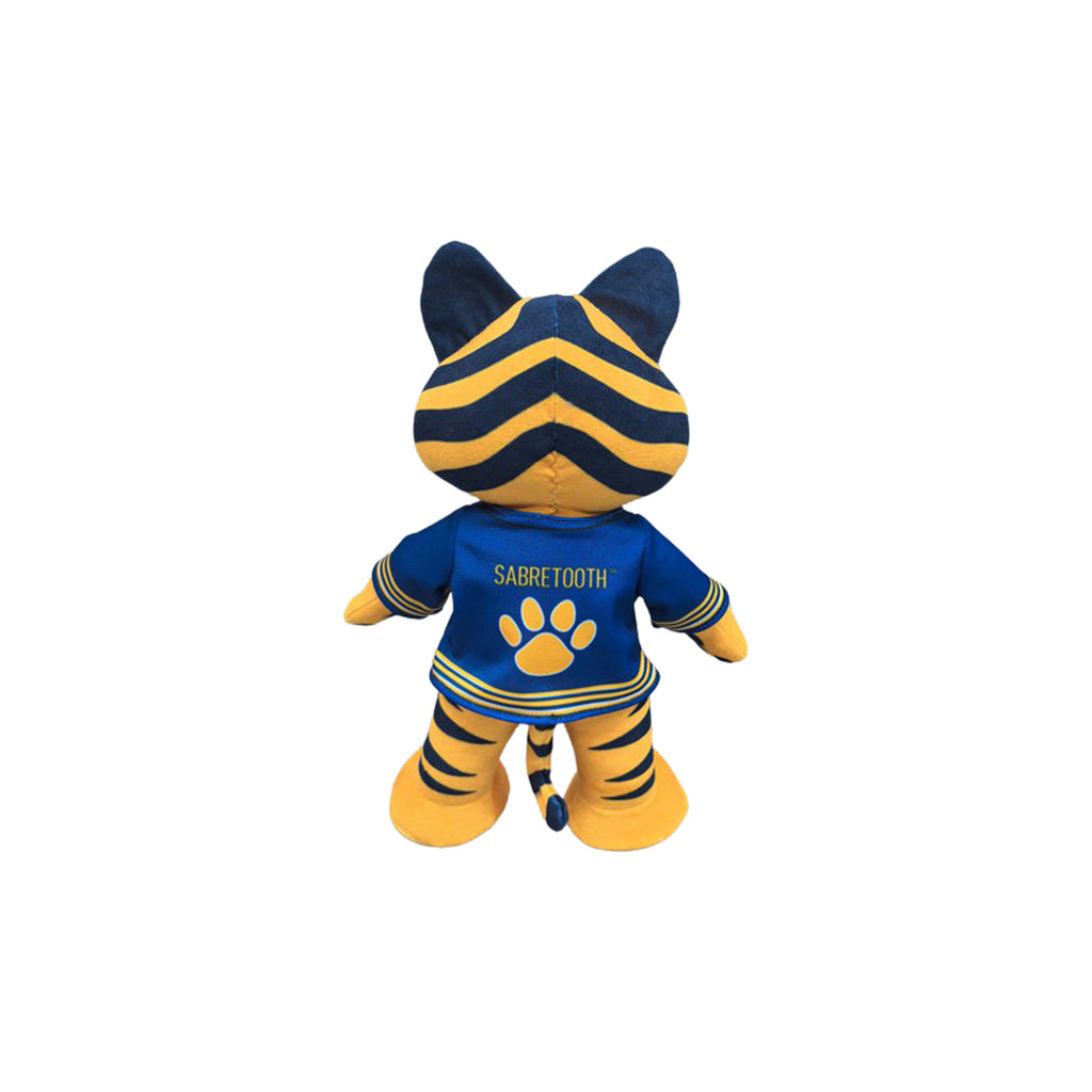 A plush cat toy shown from the back, wearing a blue and yellow striped hoodie and matching pants with 'SABRETOOTH' and a paw print on the back.
