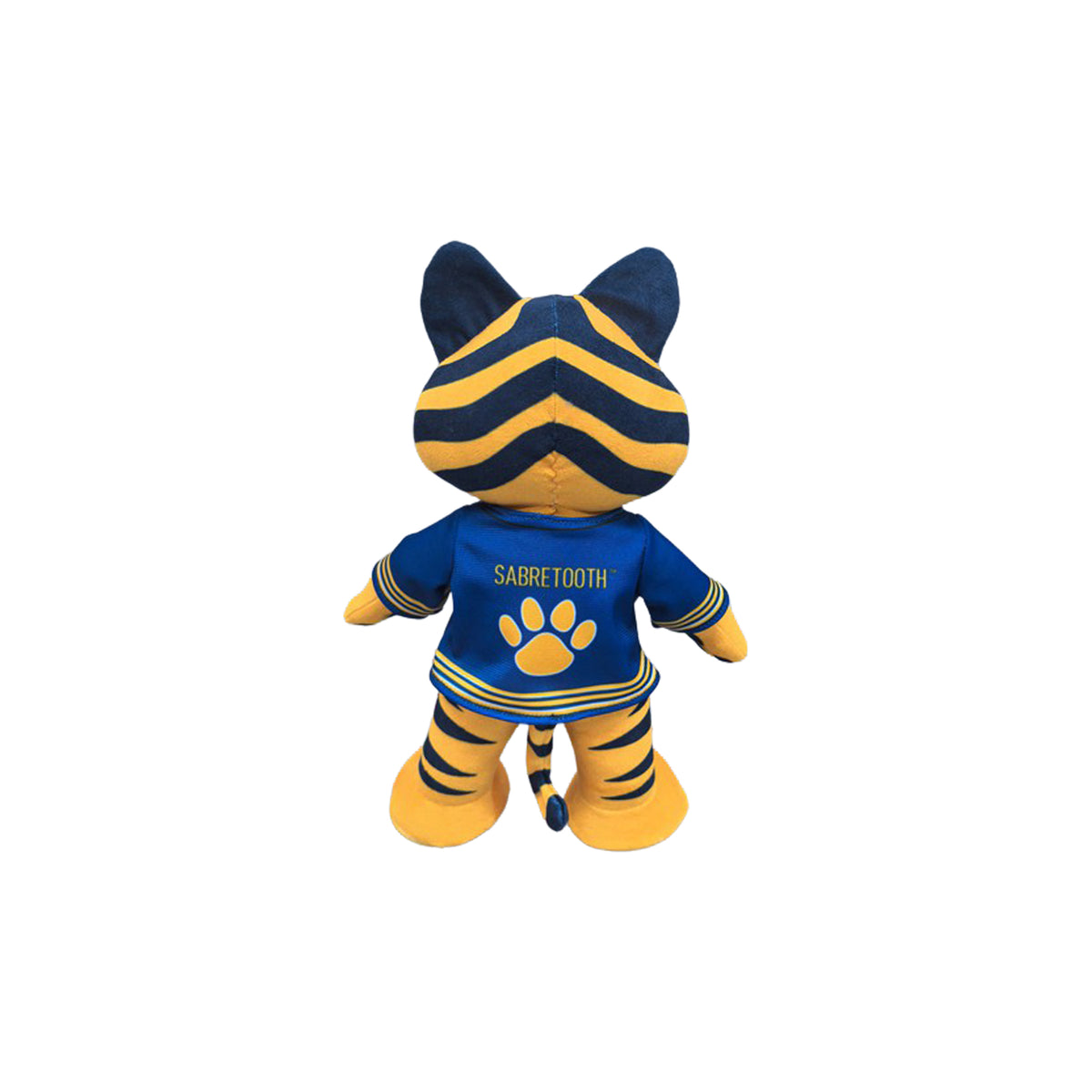 A plush cat toy shown from the back, wearing a blue and yellow striped hoodie and matching pants with 'SABRETOOTH' and a paw print on the back.