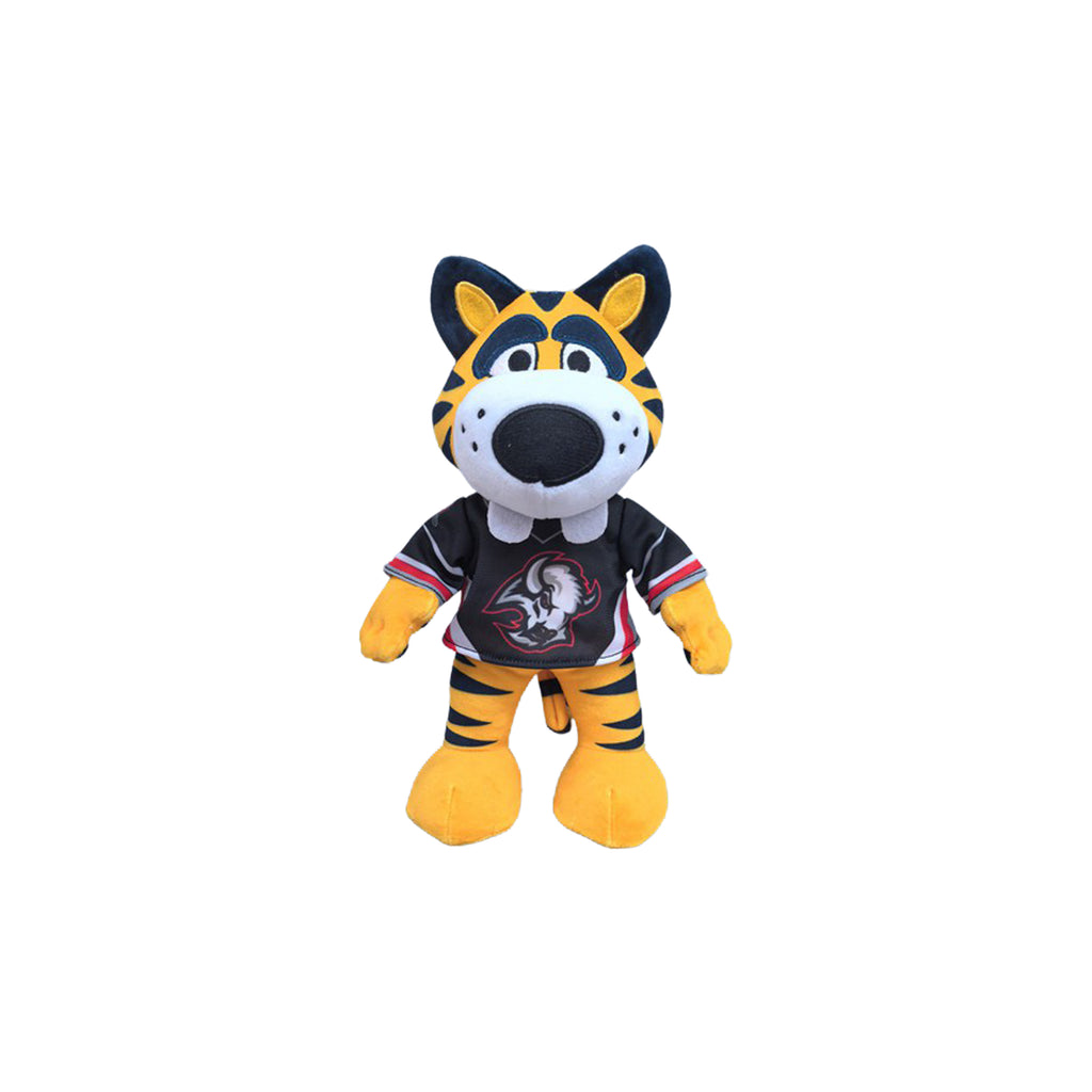 A plush tiger mascot doll wearing a black, white, and red Buffalo Sabres jersey, set against a plain white background.