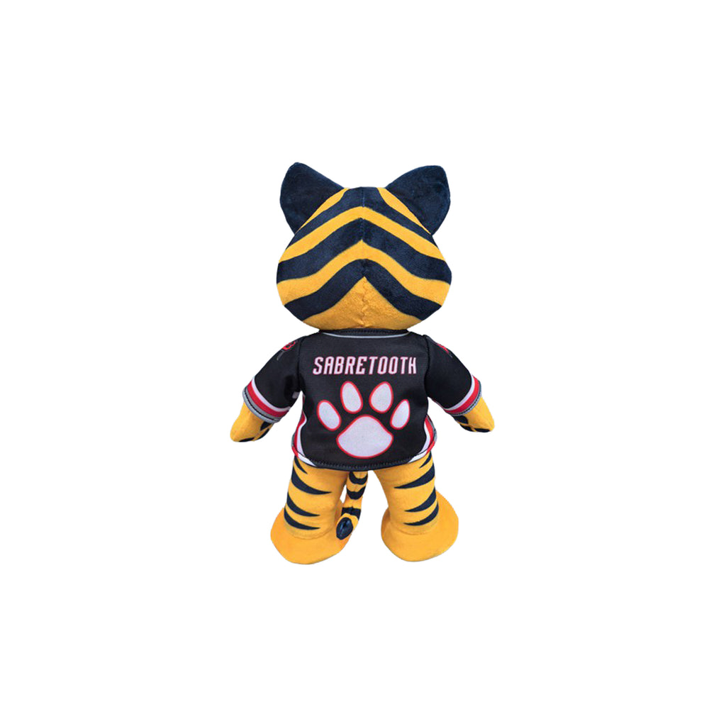 A plush tiger mascot toy shown from the back, wearing a black and yellow striped jersey with 'SABRETOOTH' and a paw print on the back, on a plain white background.