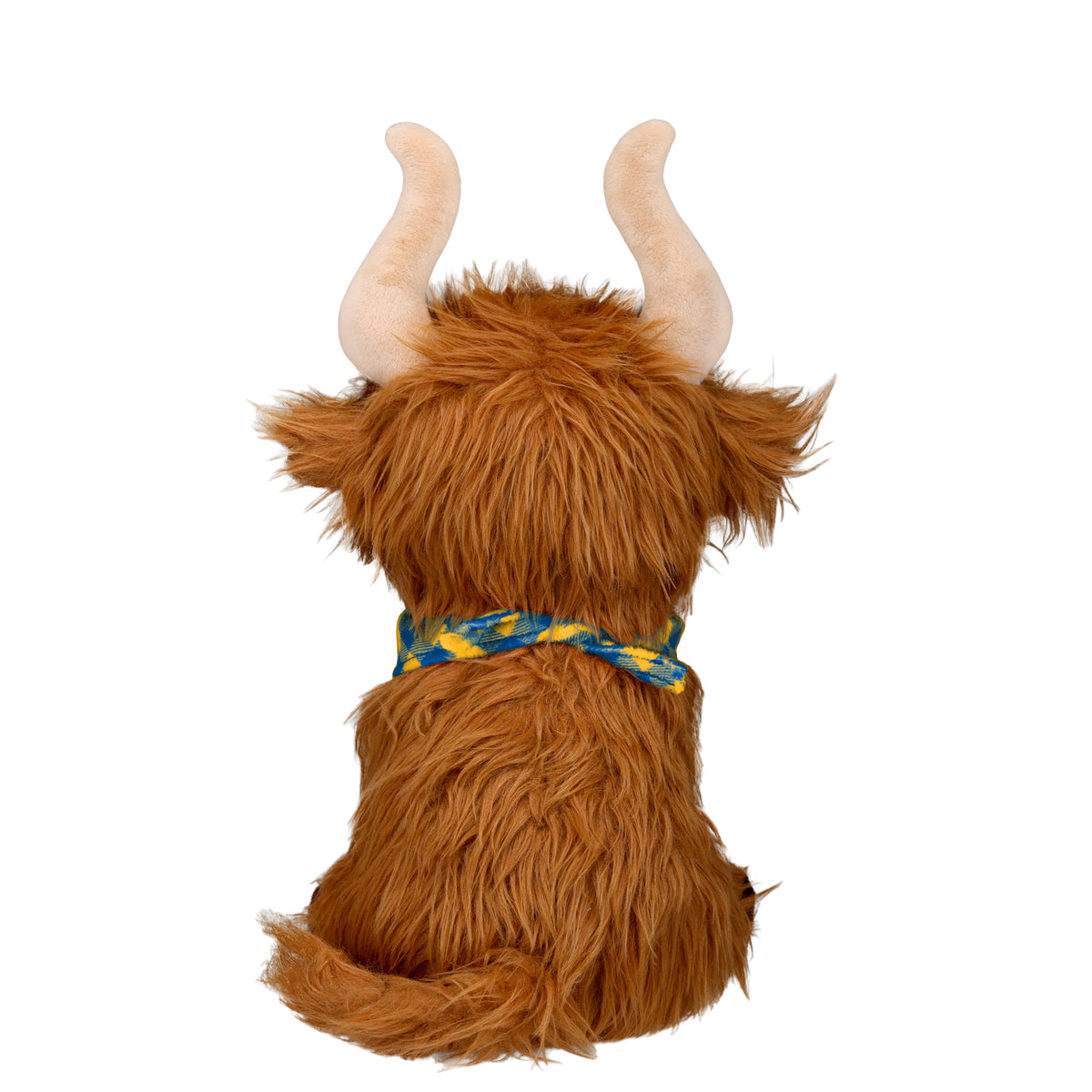 A brown shaggy Highland cow plush toy shown from the back, featuring curved horns and a blue and yellow patterned ribbon collar, isolated on a white background.