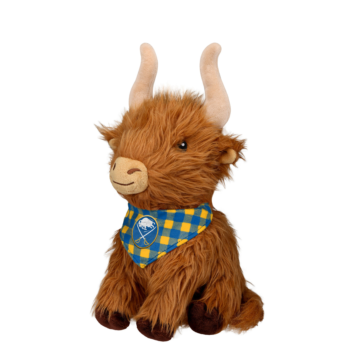 A plush Highland cow toy with shaggy brown fur, cream horns, a beige snout, and a blue-and-yellow gingham bandana featuring a white buffalo logo, shown on a plain white background.