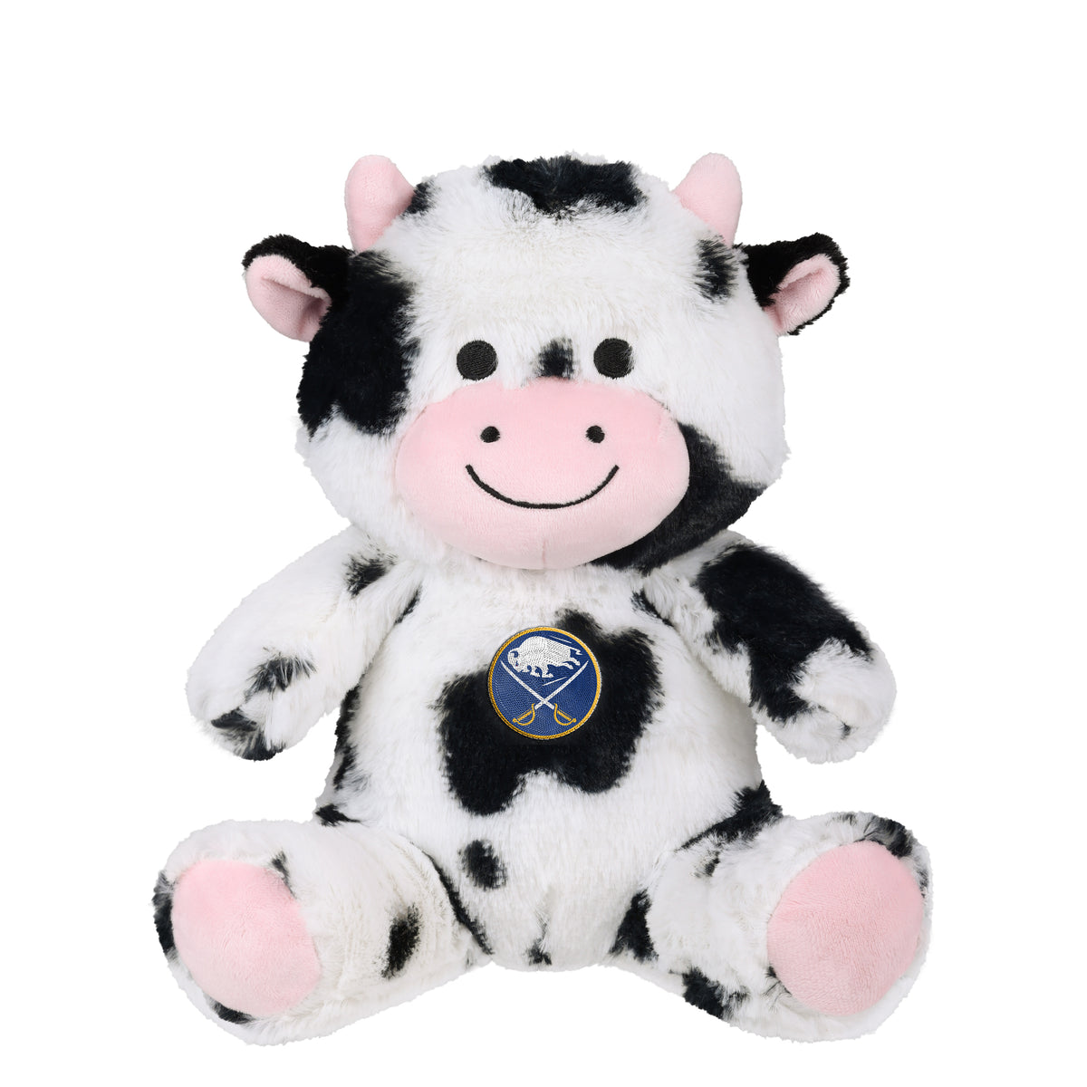 A Buffalo Sabins plush toy cow with a black and white spotted pattern, pink snout and hooves, and a circular Buffalo Sabins logo on its chest, set against a plain white background.