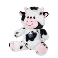 A plush toy cow with a black and white spotted pattern, pink snout and ears, and a circular Buffalo Sabins logo on its chest, photographed against a solid white background.