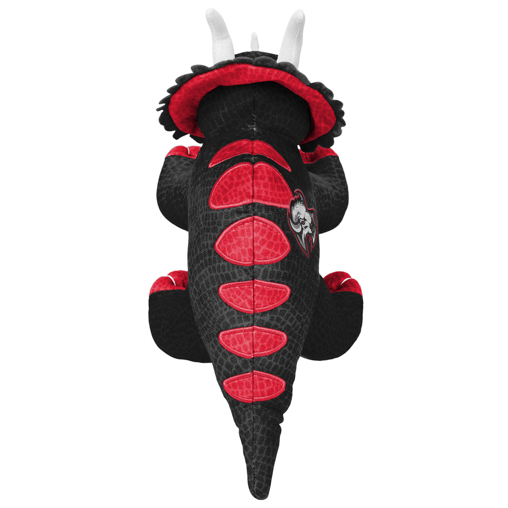 A plush alligator toy shown from the back, featuring a black crocodile-textured body with bright red scales, a red hood lining, white horns, and a Buffalo Sabres alternate logo on the side.
