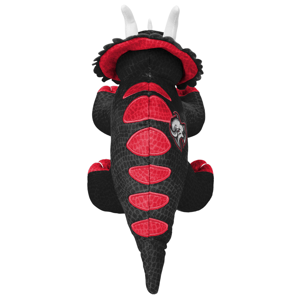A plush alligator toy shown from the back, featuring a black crocodile-textured body with bright red scales, a red hood lining, white horns, and a Buffalo Sabres alternate logo on the side.