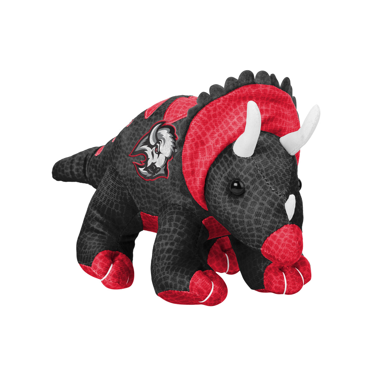A plush triceratops toy with a black textured body, red head and neck frill, white horns, and a Buffalo Sabres alternate logo on the side, shown against a plain white background.