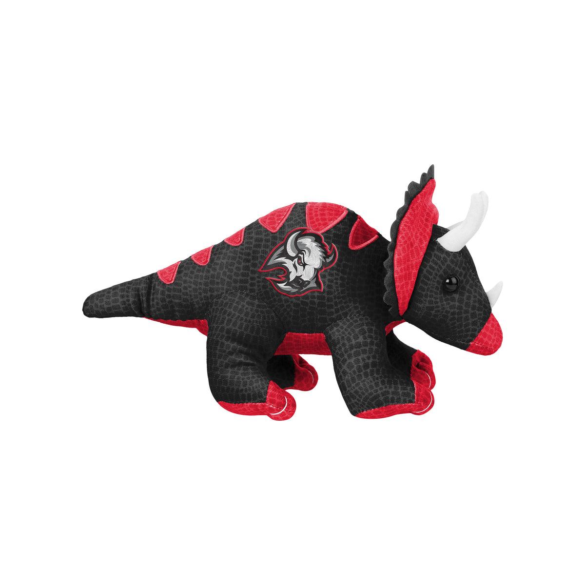 A black and red plush dinosaur toy with a textured crocodile-like pattern, featuring a Buffalo Sabres alternate logo on its side, white horns, and red accents on its snout, ears, and back.