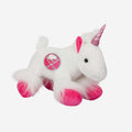 A white plush unicorn toy with a pink glitter horn, pink inner ears, and bright pink hooves, featuring a circular Buffalo Sabres logo patch on its side, set against a plain light gray background.
