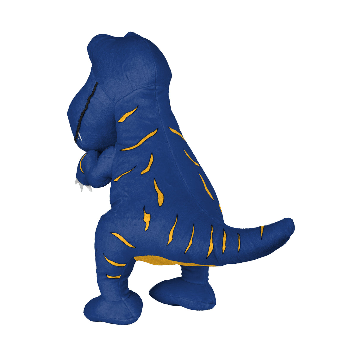 A plush blue dinosaur mascot with yellow stripe accents, shown from the back against a plain white background.