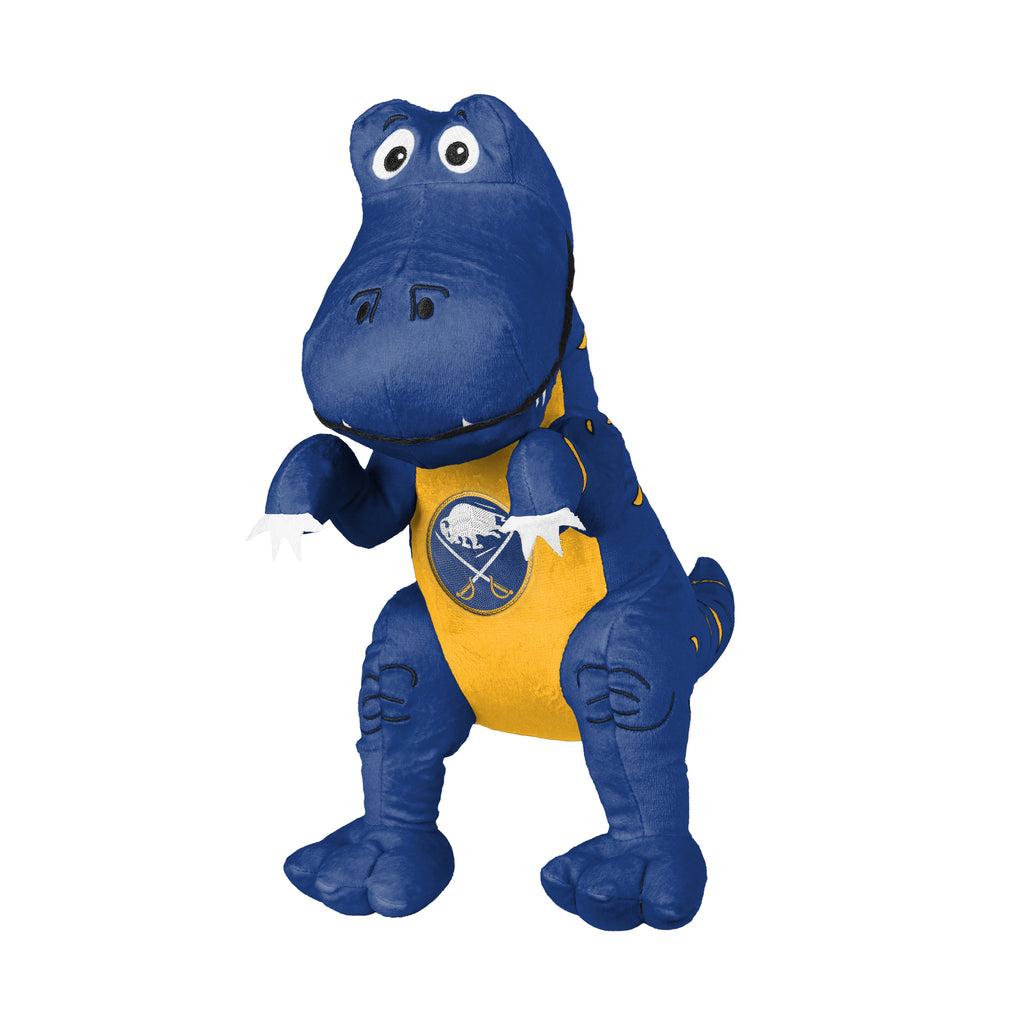 A blue and yellow Buffalo Sabins plush dinosaur mascot, featuring the team logo on its chest, isolated on a white background.