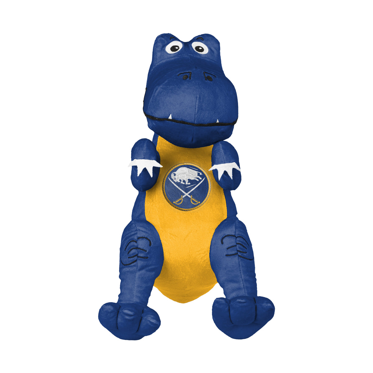 A plush dinosaur toy in Buffalo Sabres blue and yellow colors, featuring the team logo on its chest, set against a plain white background.