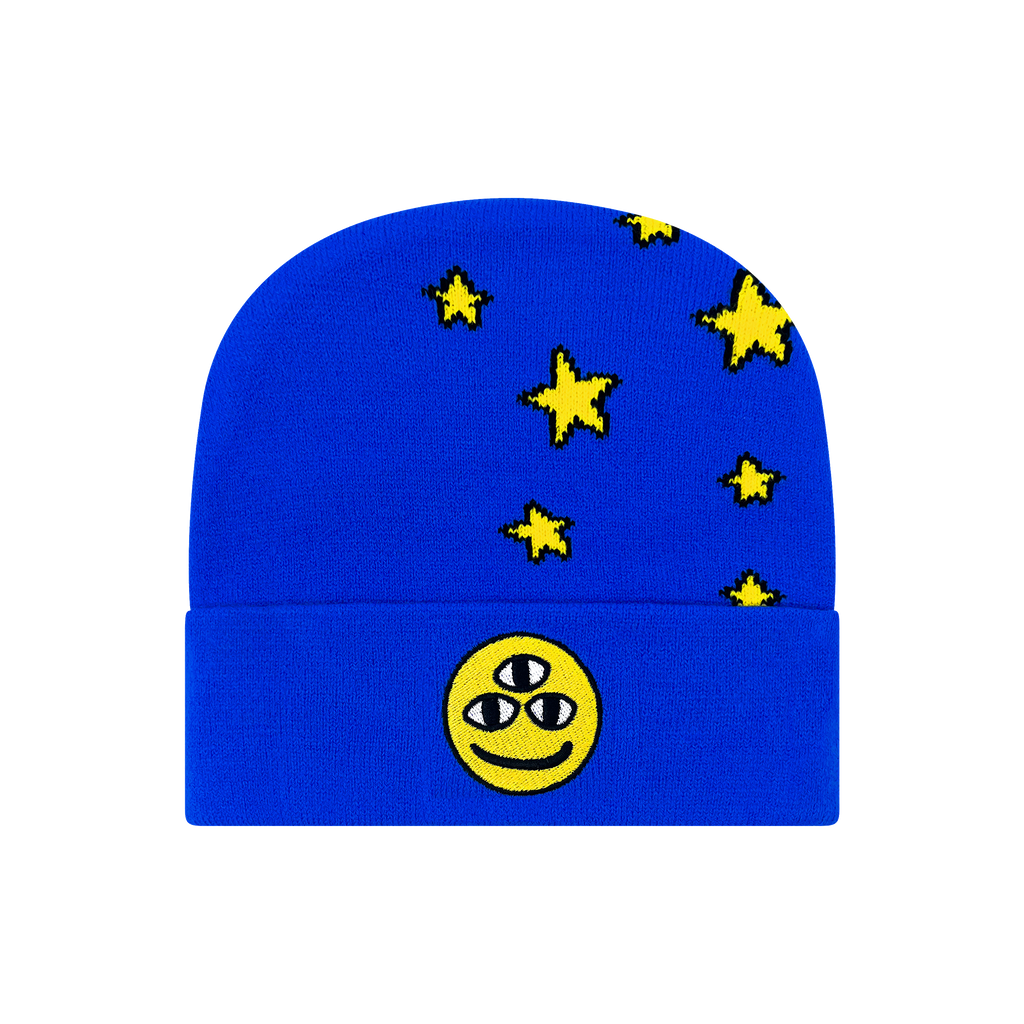 Blue beanie with yellow star patterns and a smiley face design on a white background