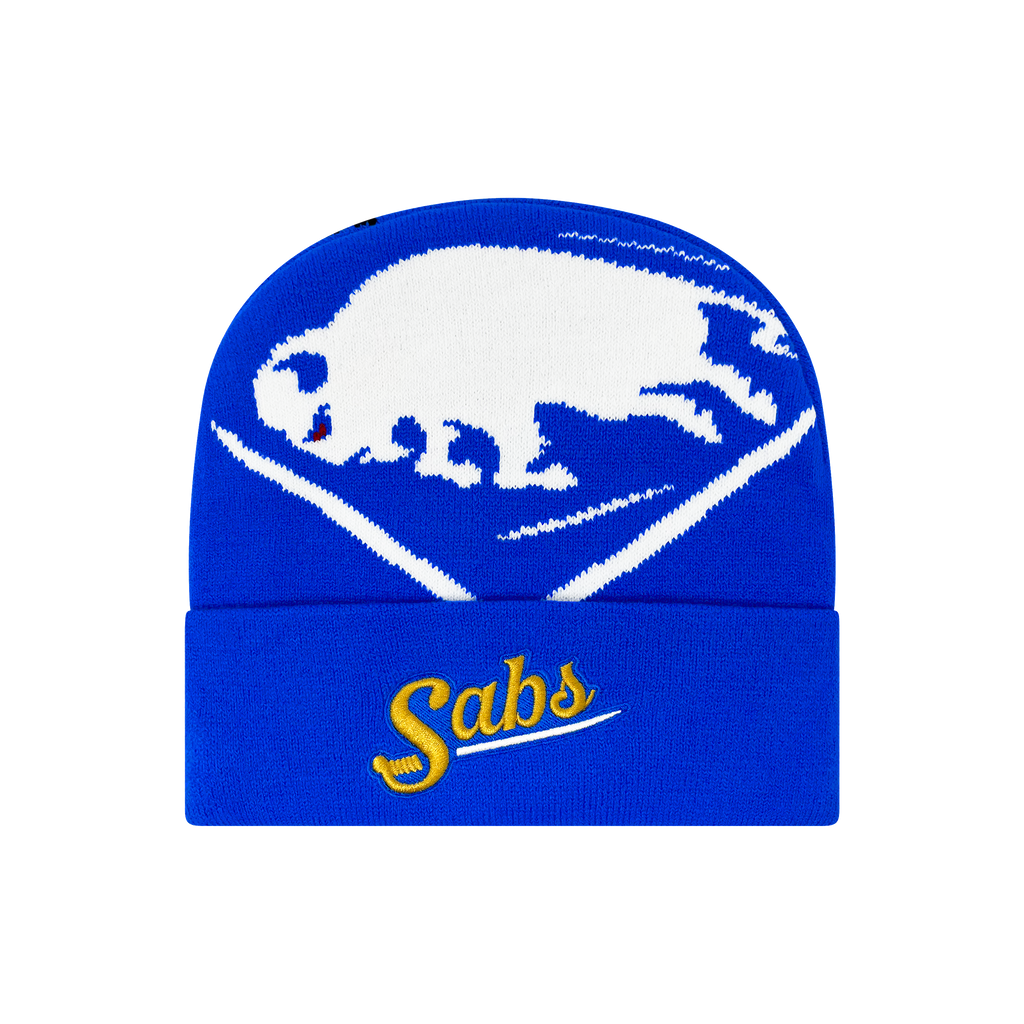 Blue beanie with white logo and 'Sabs' text on a white background
