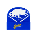 Blue beanie with white logo and 'Sabs' text on a white background