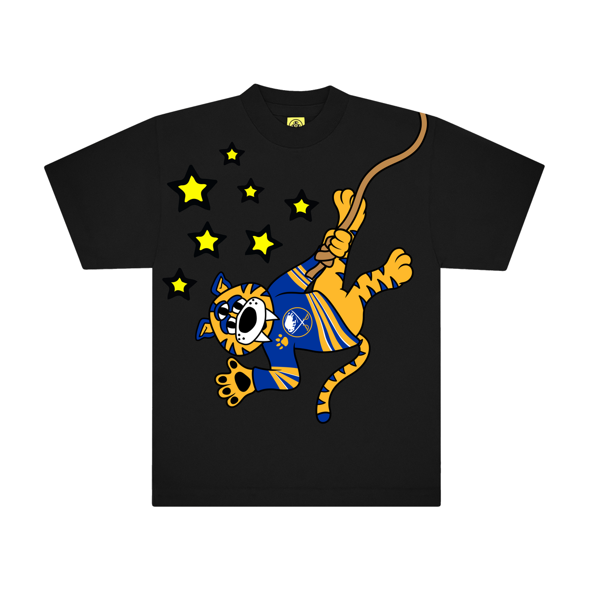 Black t-shirt with a colorful sabretooth mascot graphic coming from the rafters with star designs