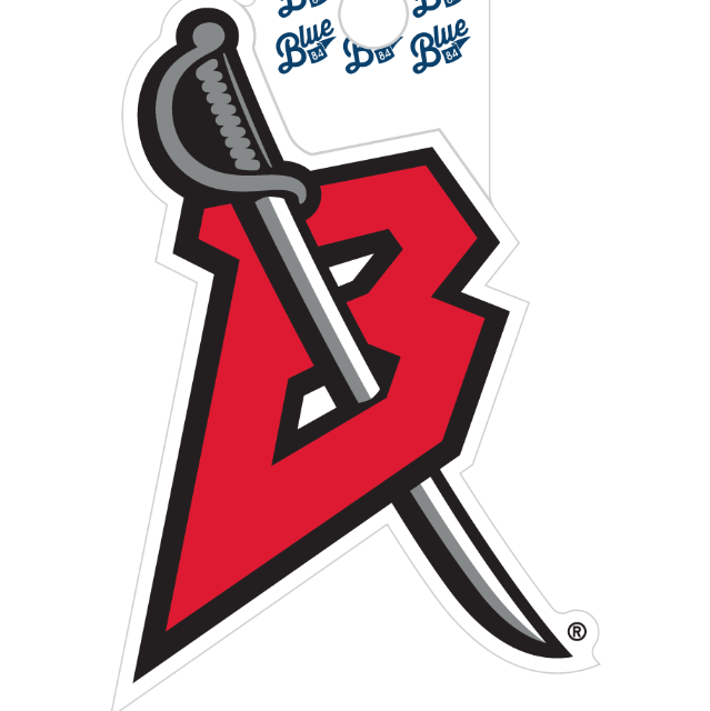 Logo with a red 'B' and sword, featuring the word 'Blue' repeatedly.