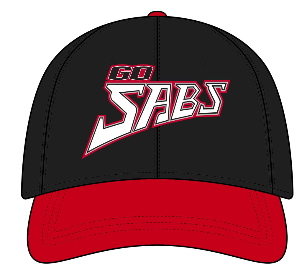 A black and red baseball cap featuring the text 'GO SABS' in white with a red outline on the front panel, shown against a plain white background.