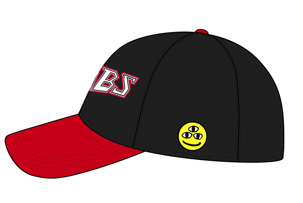 A black and red baseball cap featuring a red brim, a red and white 'BS' logo on the side, and a yellow trippy smiley face patch on the other side.